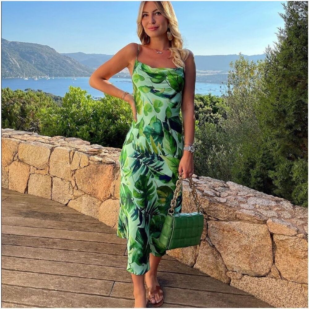 ZARA Silky Maxi Dress – Palm Leaf Tropical Print – Shades of Green & Aqua Blue - Picture 3 of 11